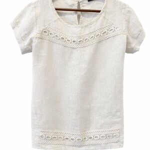 Cream Linen Blouse Lace Trim Short Sleeve Top Size L